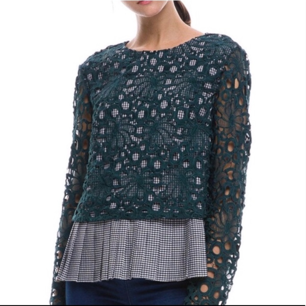 English Factory Navy Gingham Lace Overlay Blouse